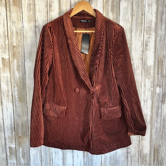 NWT Nasty Gal Striped Ribbed Velvet Say It Blazer Women 10 Button Pockets Lined - Picture 2 of 9